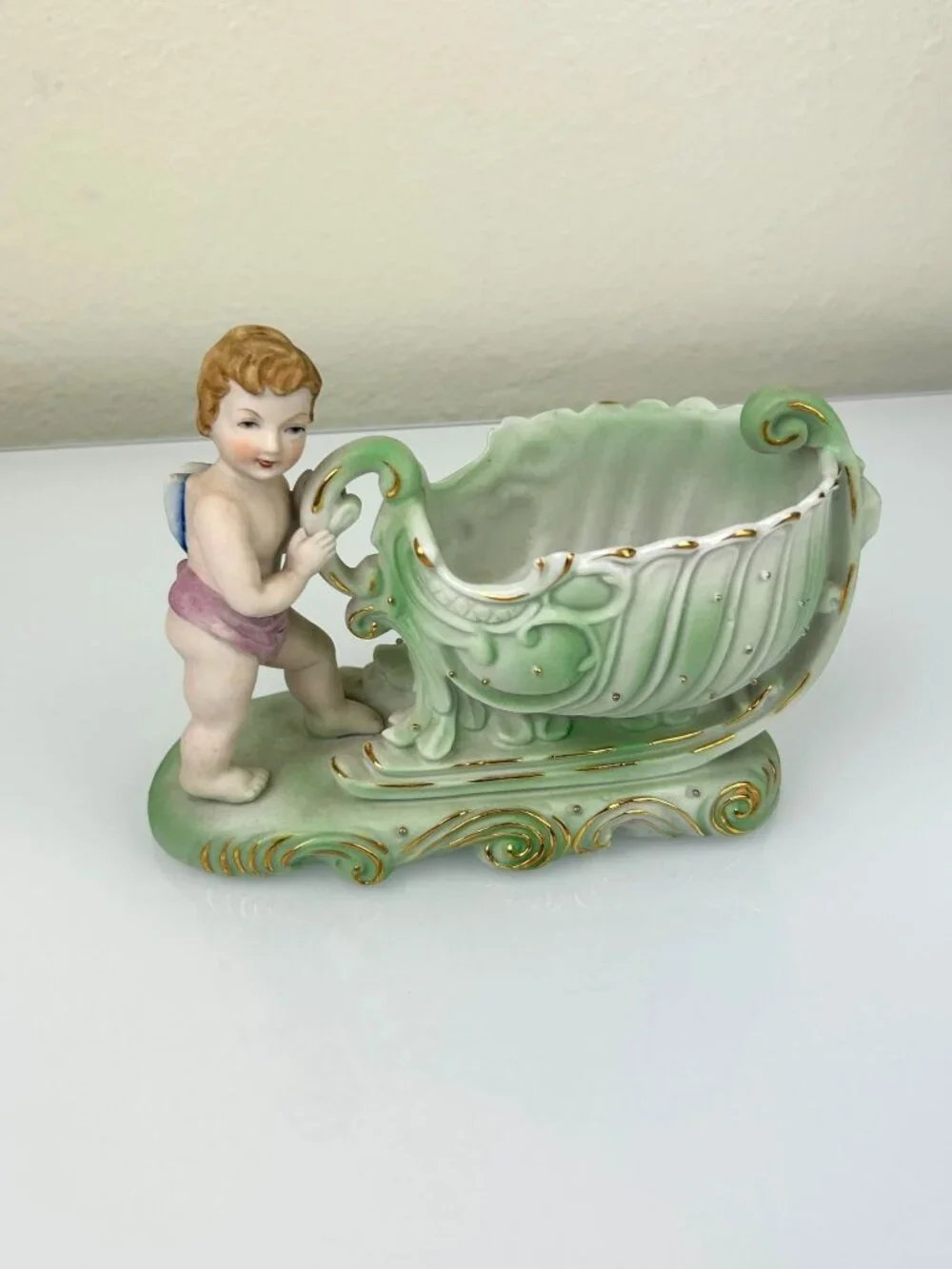 Occupied Japan Andrea Sadek Bisque Cherub Angel Sleigh Planter VTG Gift 1940s
